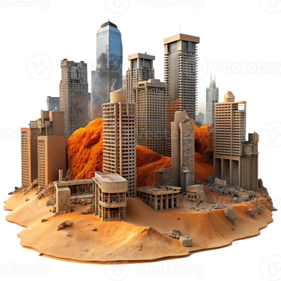 stunning modern extraordinary contemporary Post-apocalyptic cityscape, ruined skyscrapers, orange dust-filled sky, desolate, matte painting, professional 4K png