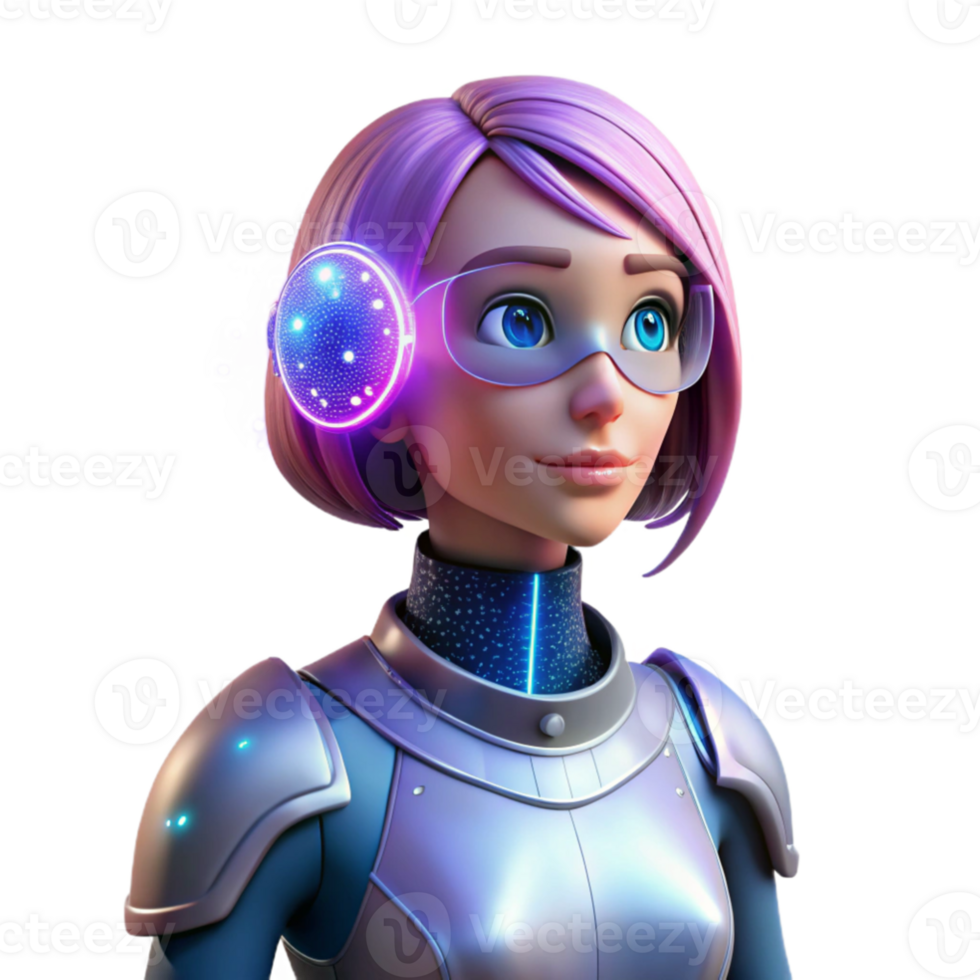 magnificent traditional elegant contemporary A female cyborg with glowing blue eyes gazing at a holographic projection of a galaxy, lit by soft pink neon, cyberpunk style genuine genuine png