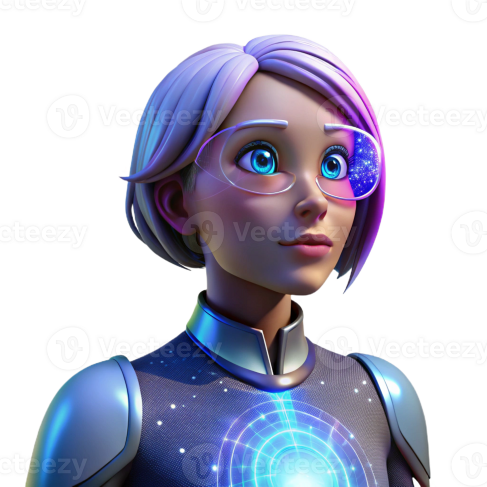 extraordinary abstract elegant modern A female cyborg with glowing blue eyes gazing at a holographic projection of a galaxy, lit by soft pink neon, cyberpunk style high quality 4K png