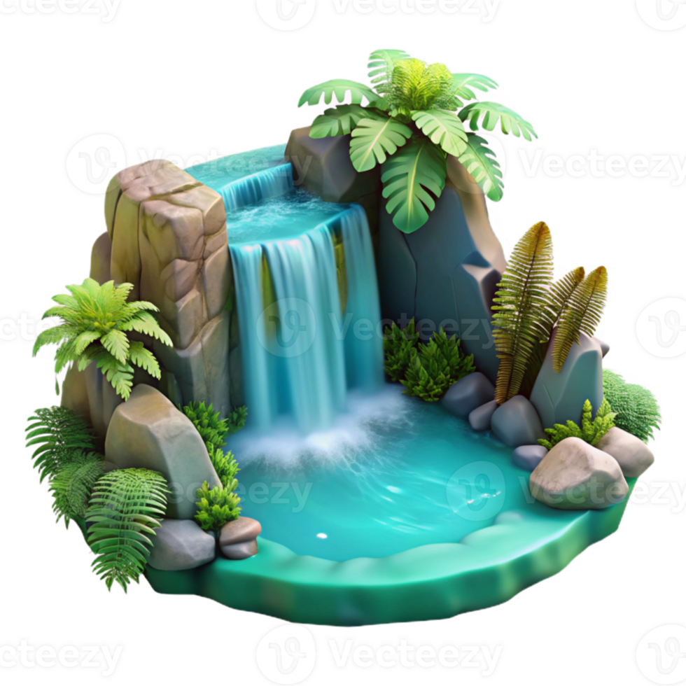 serene traditional stunning traditional A cascading waterfall flowing into a crystal-clear turquoise pool, surrounded by ferns and moss, soft diffused light, fantasy art high resolution high... png