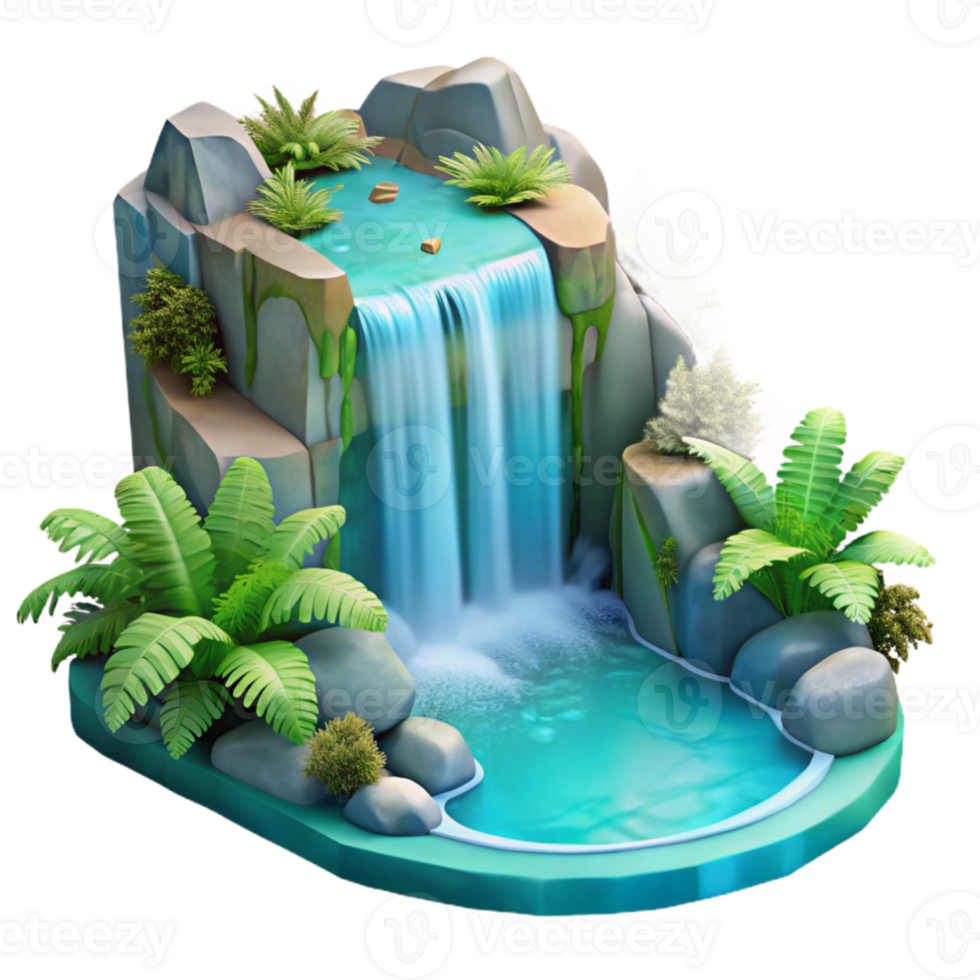 stunning traditional serene classic A cascading waterfall flowing into a crystal-clear turquoise pool, surrounded by ferns and moss, soft diffused light, fantasy art high resolution professional png