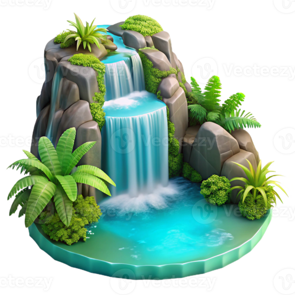 stunning vintage wonderful contemporary A cascading waterfall flowing into a crystal-clear turquoise pool, surrounded by ferns and moss, soft diffused light, fantasy art exclusive 4K png