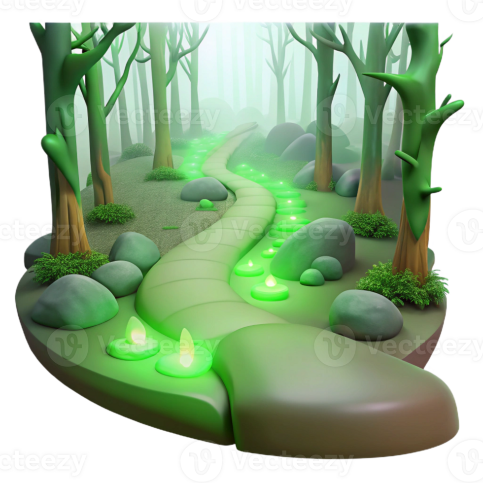 serene creative elegant creative A winding dirt path through a misty forest, soft green light, mysterious, fairytale illustration original professional png