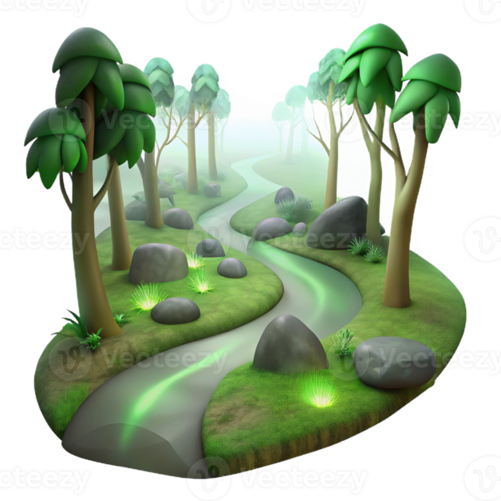 vibrant traditional magnificent artistic A winding dirt path through a misty forest, soft green light, mysterious, fairytale illustration professional genuine png