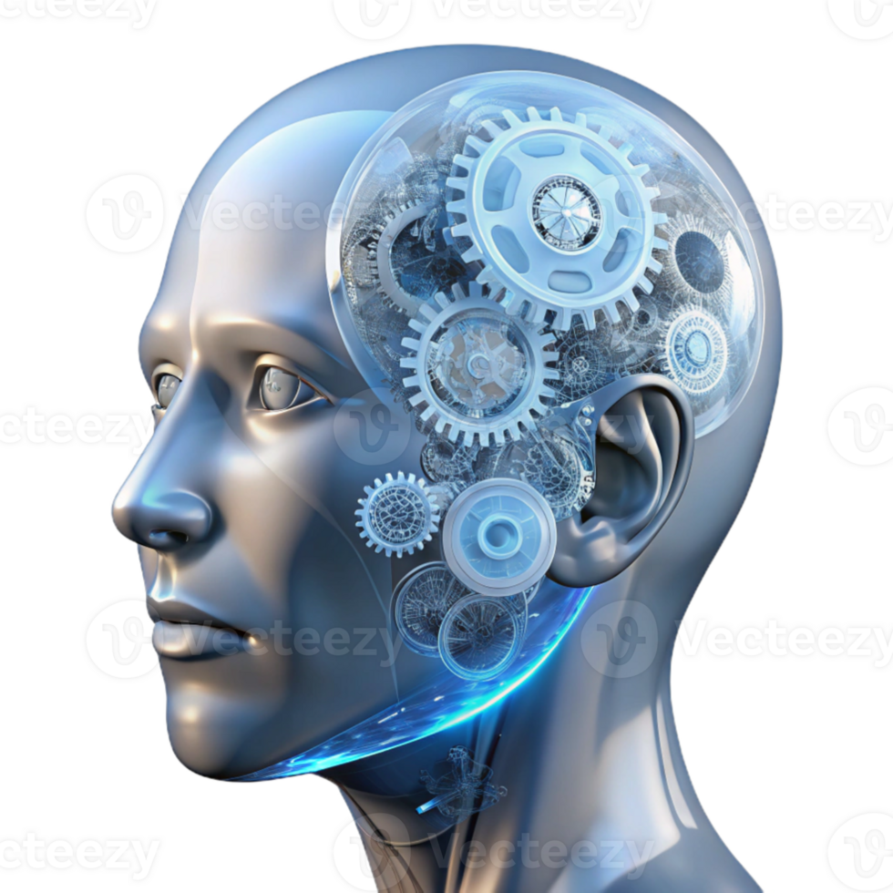 wonderful creative serene contemporary A transparent human head filled with intricate gears and wires, illuminated by a cool white light, anatomical drawing style professional high quality png
