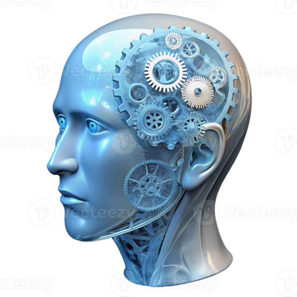 magnificent creative impressive modern A transparent human head filled with intricate gears and wires, illuminated by a cool white light, anatomical drawing style 4K high quality png