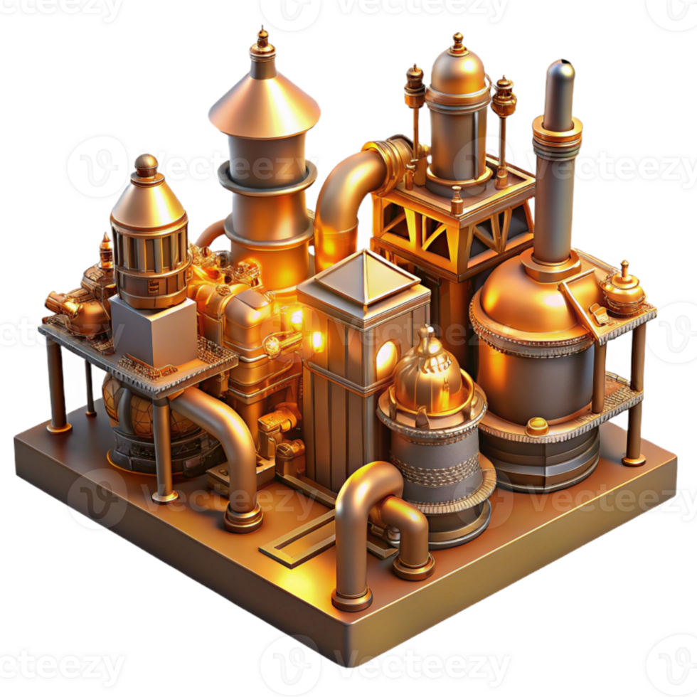 serene modern elegant contemporary A steampunk cityscape, towering brass structures, intricate pipework, bathed in the orange glow of gaslight, highly detailed, isometric perspective exclusive... png