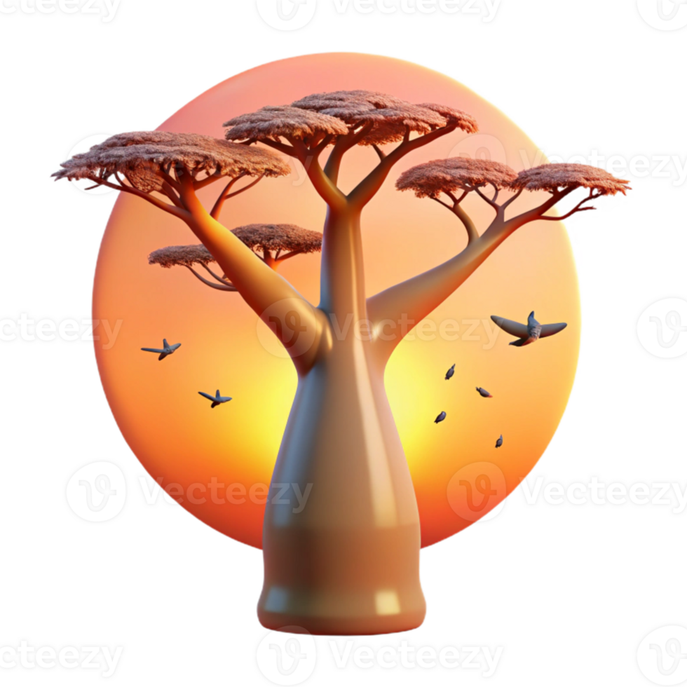 magnificent vintage magnificent minimalist A colossal baobab tree at sunrise, warm orange and pink hues, silhouetted birds flying around its crown, minimalist, art style, high quality high... png