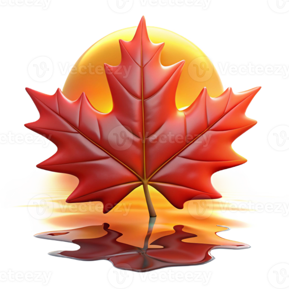 beautiful classic extraordinary classic A single, perfect red maple leaf, backlit by a golden sunset, drifting down onto a still pond reflecting the twilight sky, hyperrealistic, 8k, high quality... png