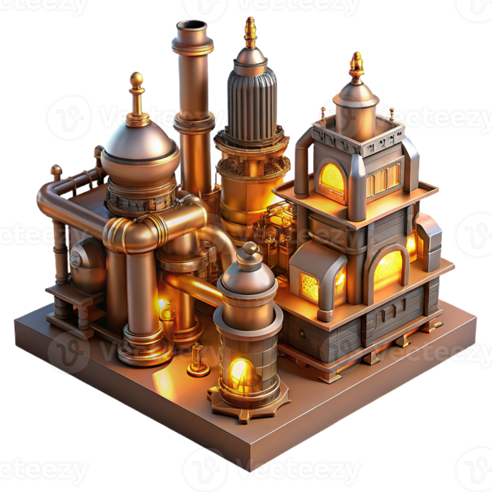 extraordinary minimalist stunning traditional A steampunk cityscape, towering brass structures, intricate pipework, bathed in the orange glow of gaslight, highly detailed, isometric perspective... png