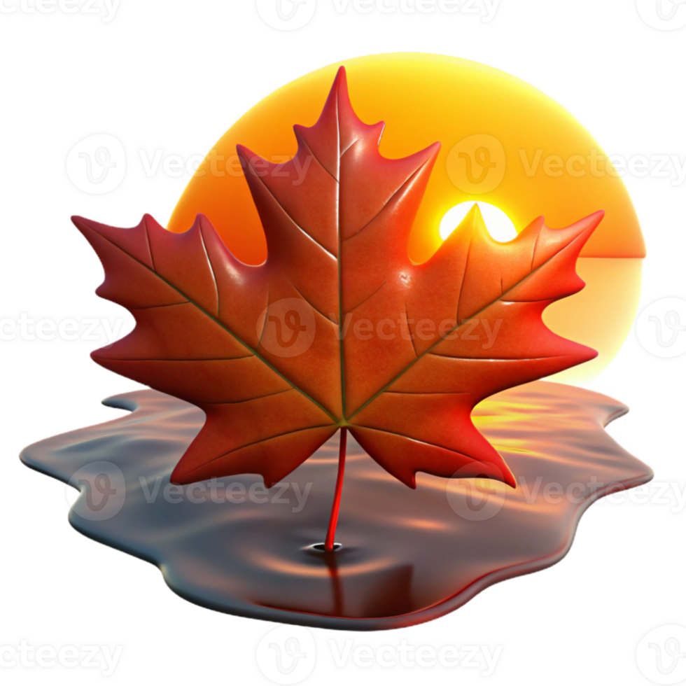 magnificent contemporary impressive artistic A single, perfect red maple leaf, backlit by a golden sunset, drifting down onto a still pond reflecting the twilight sky, hyperrealistic, 8k, genuine... png