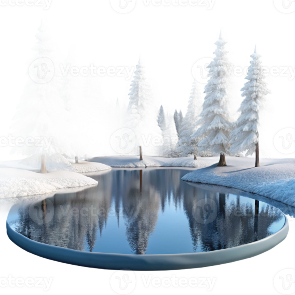 stunning modern wonderful artistic A frozen lake reflecting a clear winter sky, snow-covered trees lining the shore, serene, peaceful, high resolution authentic png