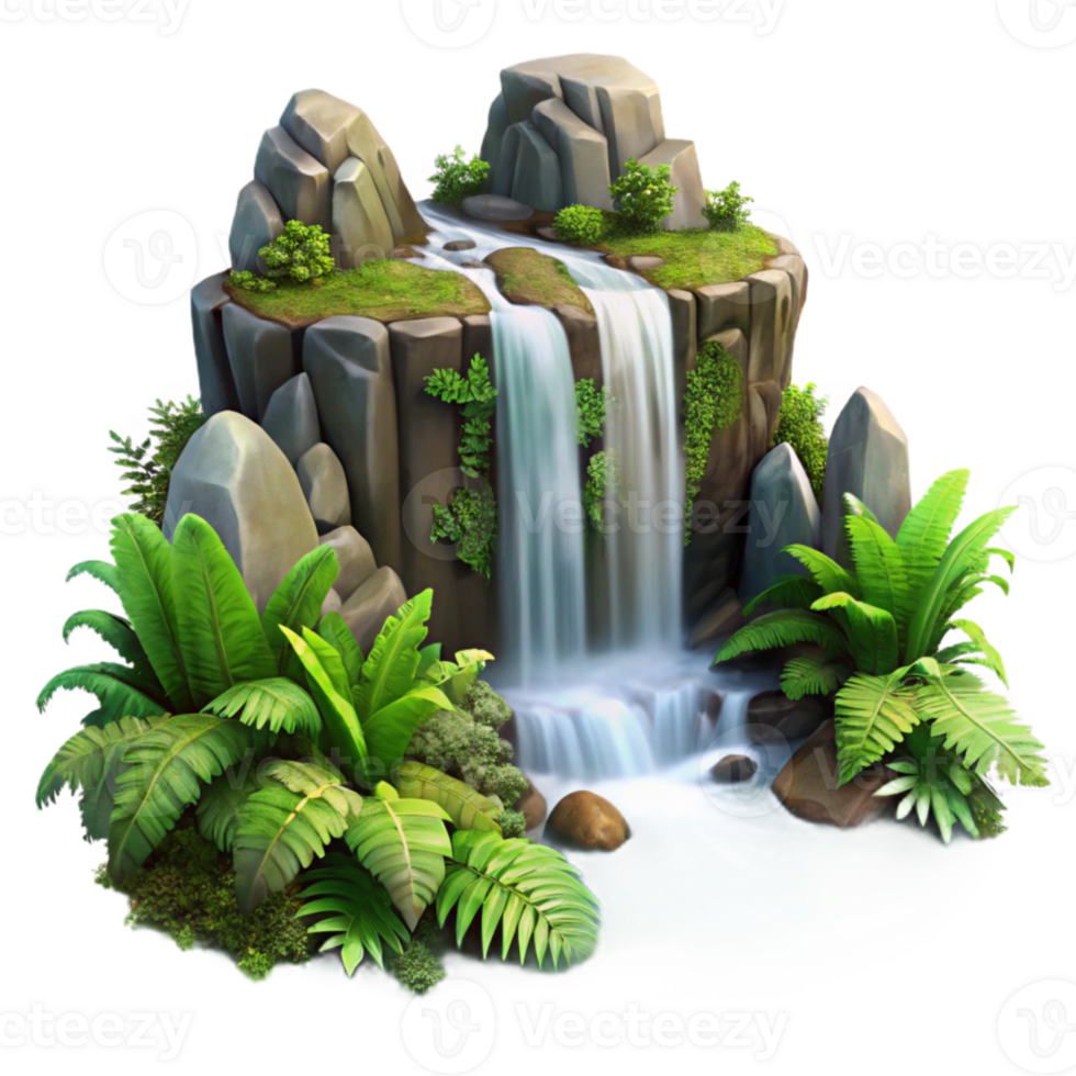 vibrant modern magnificent rustic A cascading waterfall crashing onto moss-covered rocks, surrounded by lush, vibrant green ferns, with misty, ethereal lighting, in a romantic painting style... png