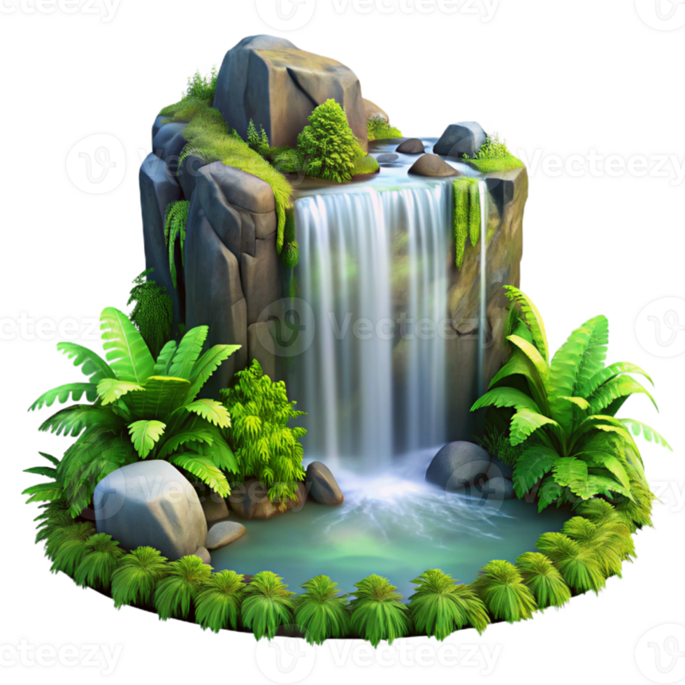 elegant creative wonderful minimalist A cascading waterfall crashing onto moss-covered rocks, surrounded by lush, vibrant green ferns, with misty, ethereal lighting, in a romantic painting style... png