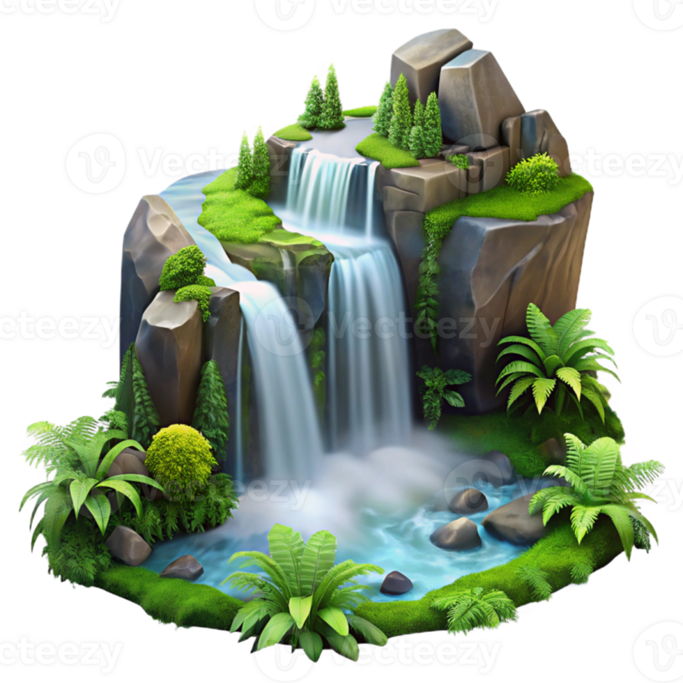 stunning rustic stunning classic A cascading waterfall crashing onto moss-covered rocks, surrounded by lush, vibrant green ferns, with misty, ethereal lighting, in a romantic painting style 4K... png