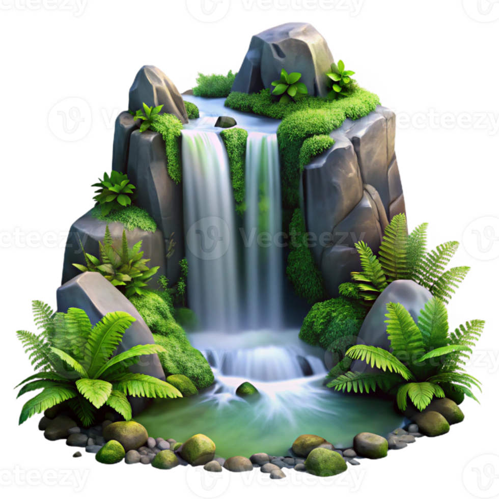 impressive rustic elegant artistic A cascading waterfall crashing onto moss-covered rocks, surrounded by lush, vibrant green ferns, with misty, ethereal lighting, in a romantic painting style... png