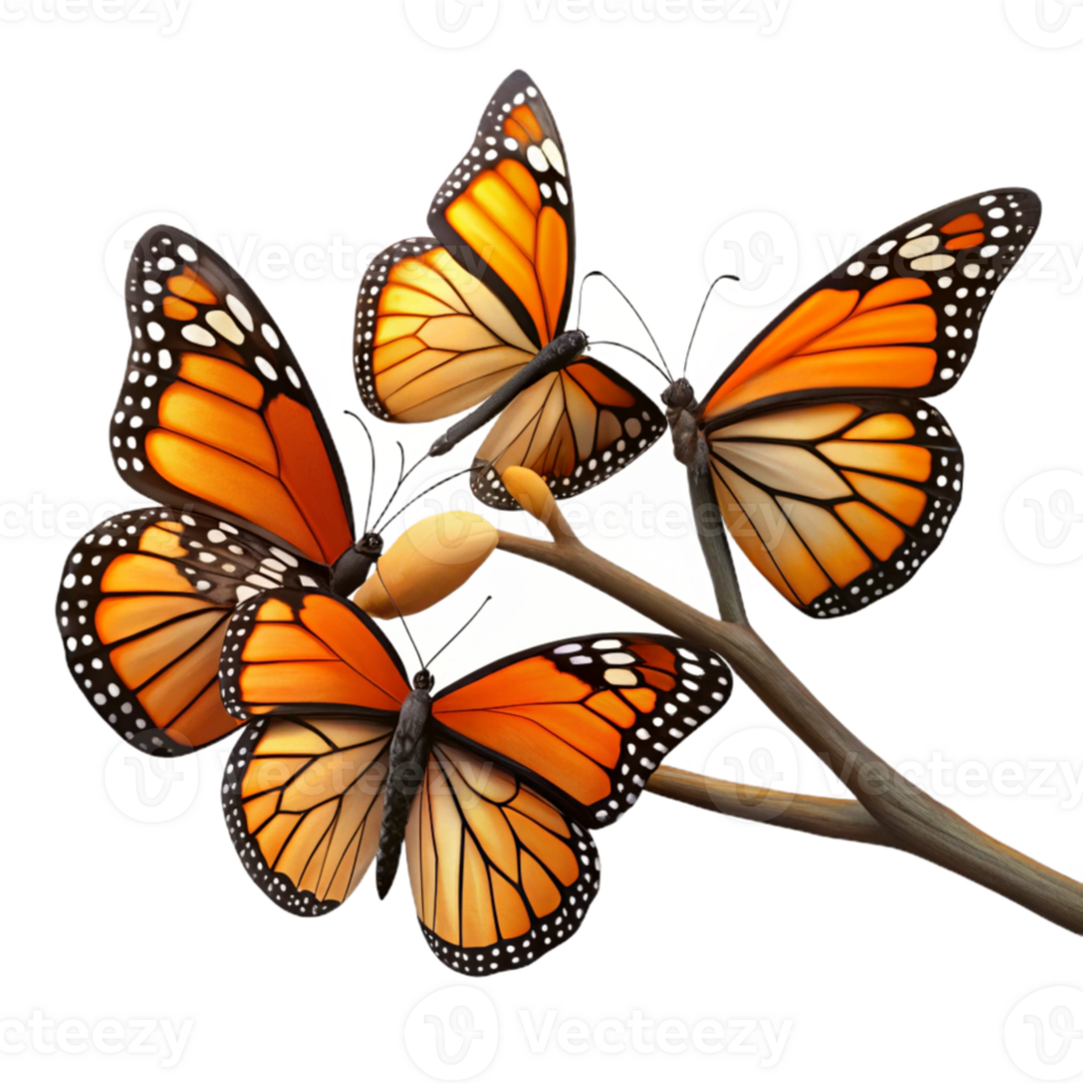 dramatic minimalist vibrant classic A group of Monarch butterflies clustered on a branch, with vibrant orange and black wings, in a nature documentary style exclusive original png