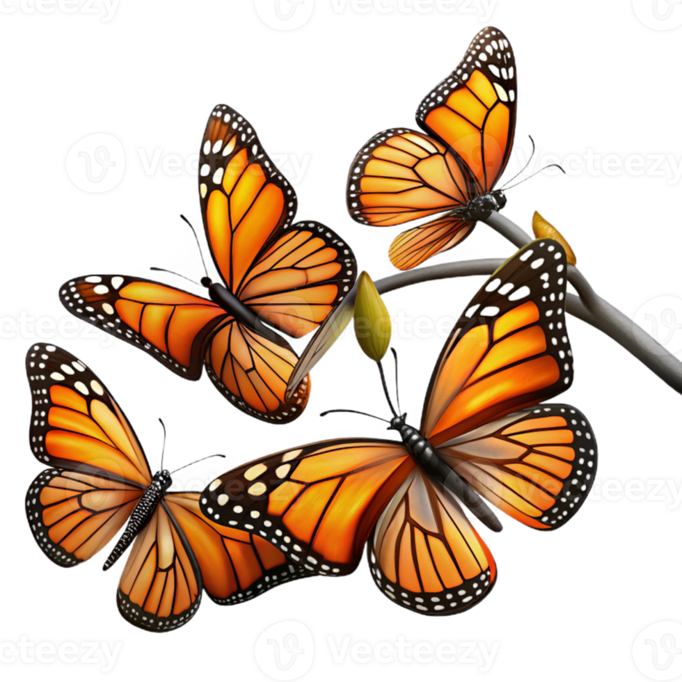 extraordinary creative impressive traditional A group of Monarch butterflies clustered on a branch, with vibrant orange and black wings, in a nature documentary style authentic high resolution png