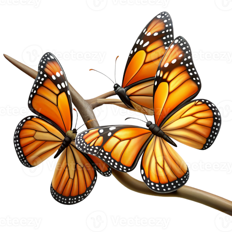 extraordinary traditional elegant rustic A group of Monarch butterflies clustered on a branch, with vibrant orange and black wings, in a nature documentary style premium high quality png