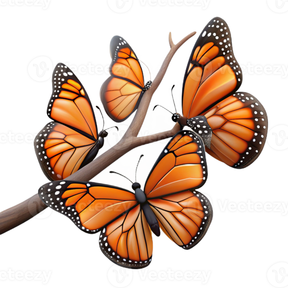 beautiful creative stunning modern A group of Monarch butterflies clustered on a branch, with vibrant orange and black wings, in a nature documentary style original professional png
