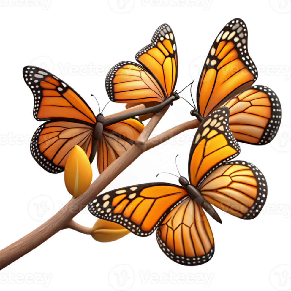 wonderful artistic wonderful contemporary A group of Monarch butterflies clustered on a branch, with vibrant orange and black wings, in a nature documentary style 4K original png