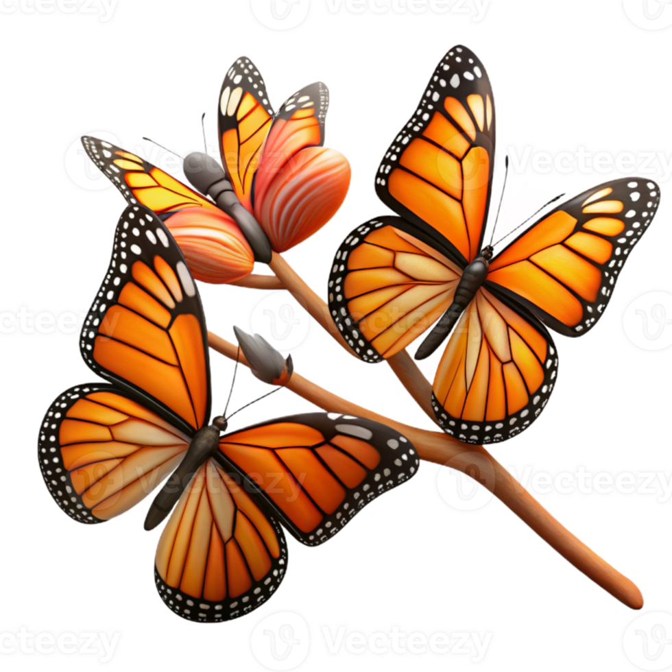 dramatic minimalist elegant traditional A group of Monarch butterflies clustered on a branch, with vibrant orange and black wings, in a nature documentary style detailed professional png