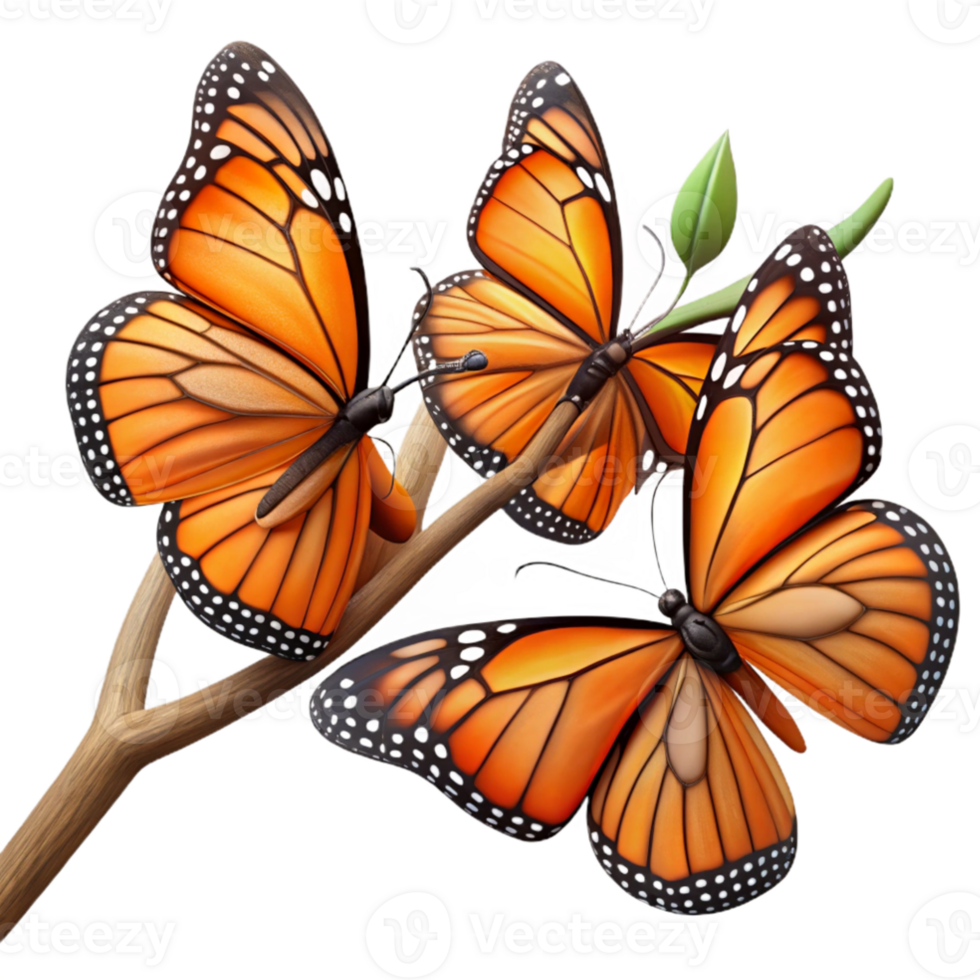 wonderful minimalist serene modern A group of Monarch butterflies clustered on a branch, with vibrant orange and black wings, in a nature documentary style original 4K png