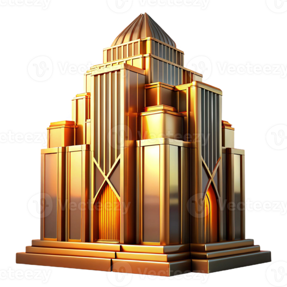 impressive creative magnificent vintage Art Deco skyscraper, intricate geometric facade, chrome accents, bathed in golden sunset light, highly polished, smooth surfaces exclusive premium png