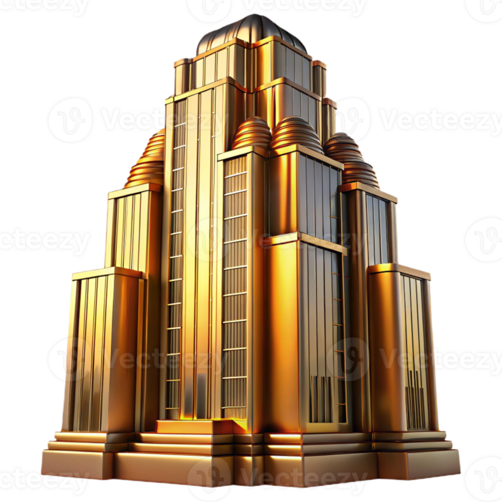 elegant contemporary magnificent classic Art Deco skyscraper, intricate geometric facade, chrome accents, bathed in golden sunset light, highly polished, smooth surfaces genuine exclusive png