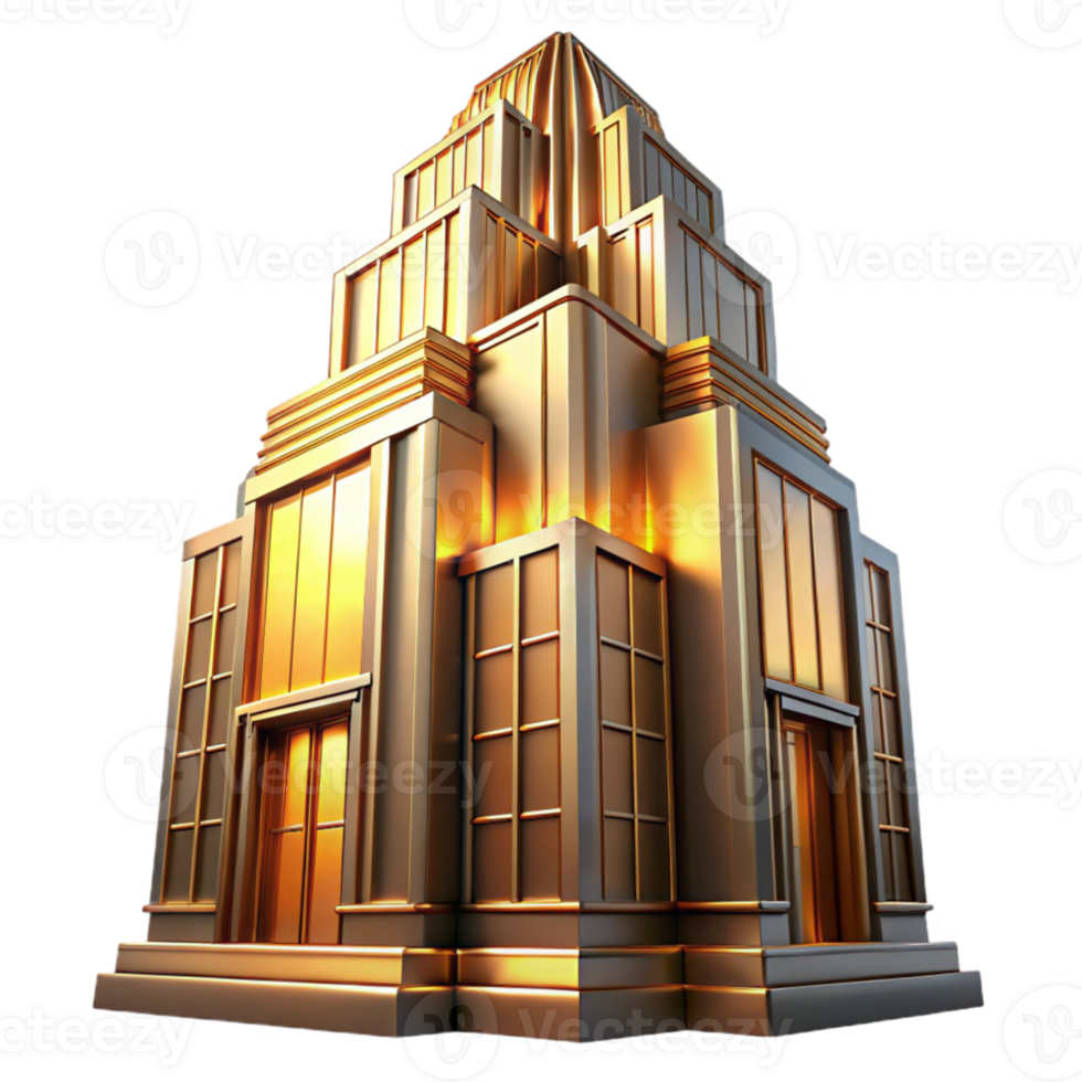 dramatic vintage magnificent abstract Art Deco skyscraper, intricate geometric facade, chrome accents, bathed in golden sunset light, highly polished, smooth surfaces premium 4K png