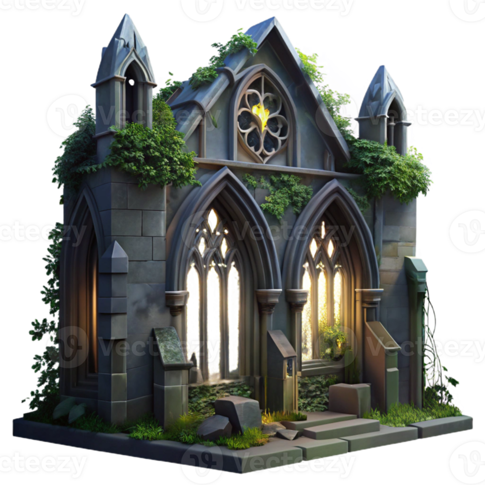 stunning vintage extraordinary traditional A crumbling gothic cathedral, overgrown with ivy, illuminated by a single beam of moonlight through a broken stained-glass window, dark, moody, romantic... png