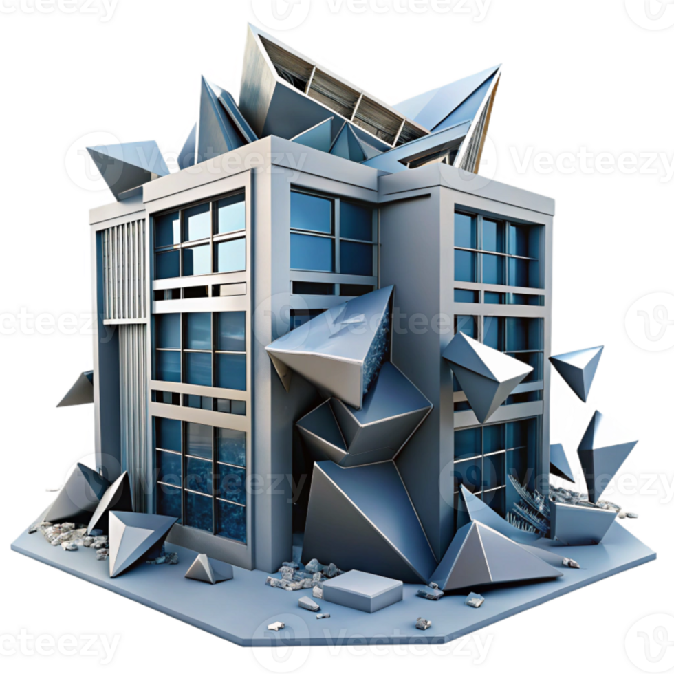 dramatic modern serene traditional A Deconstructivist office building, fragmented forms, colliding planes, sharp angles, metallic surfaces, cold, industrial, dystopian high quality premium png