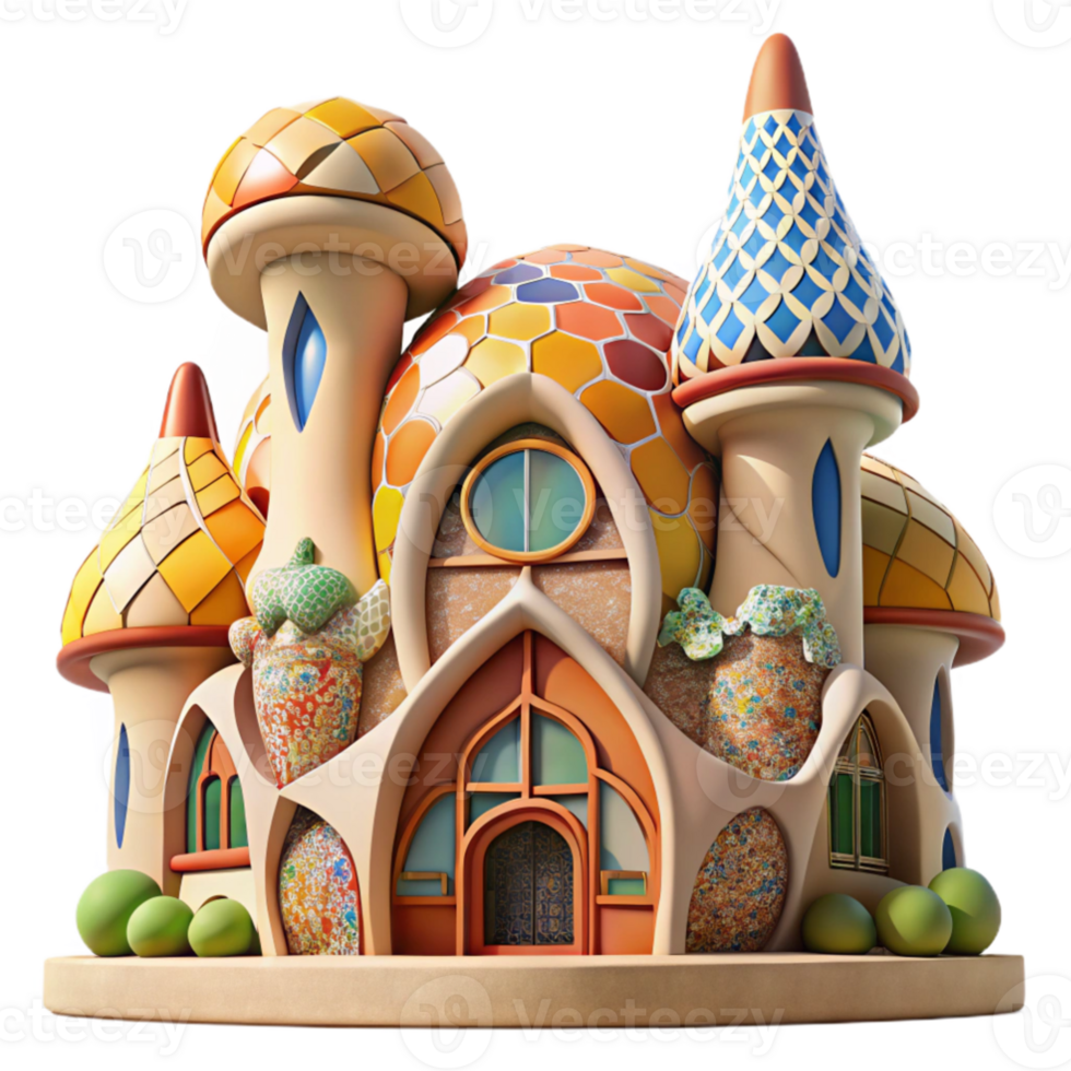 serene contemporary extraordinary minimalist A Gaudi-inspired organic building, flowing curves, colorful mosaics, bright midday sun, whimsical, fantastical, surreal detailed professional png