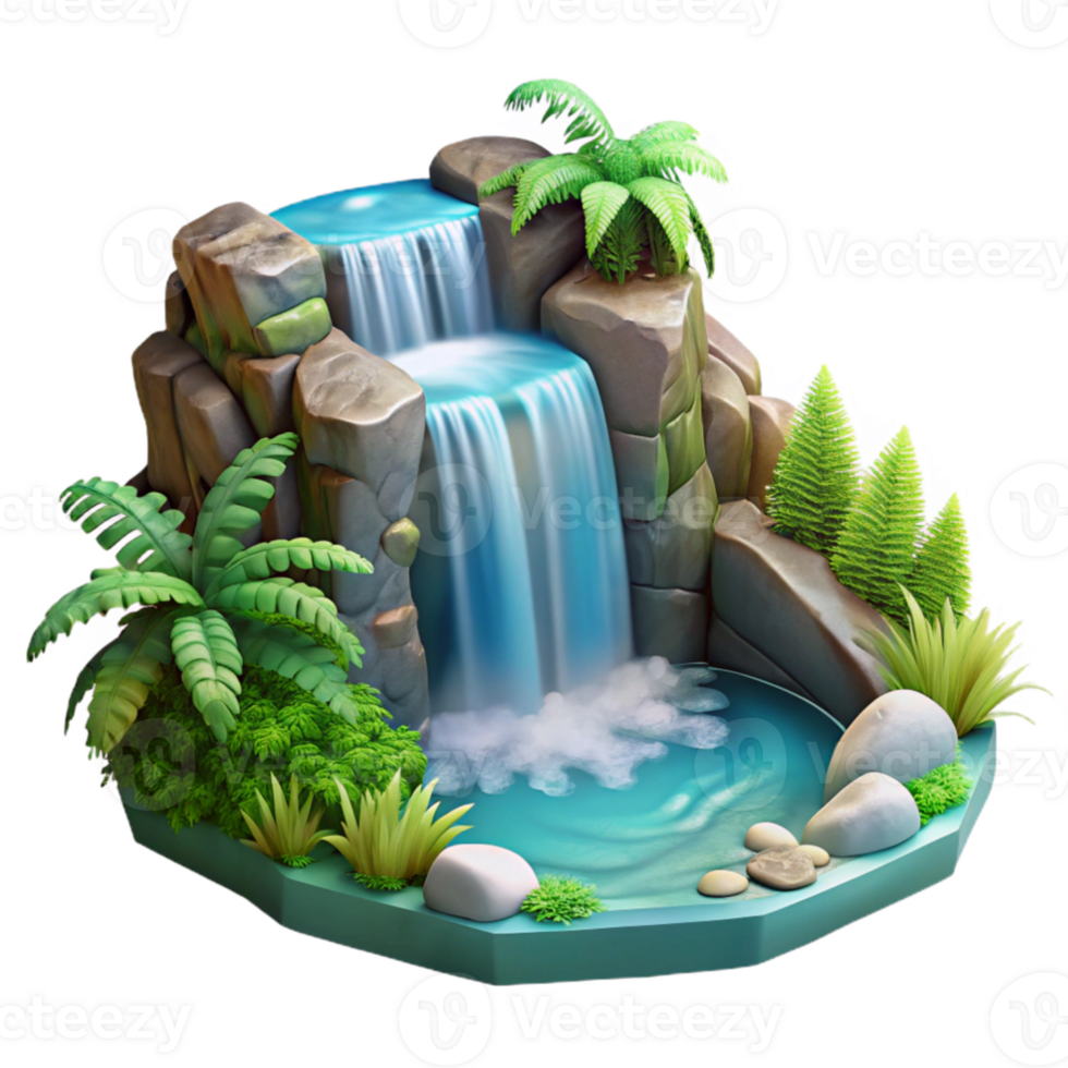 dramatic modern dramatic minimalist A cascading waterfall plunging into a crystal-clear pool, surrounded by lush ferns and moss, romanticism style, 4K 4K png