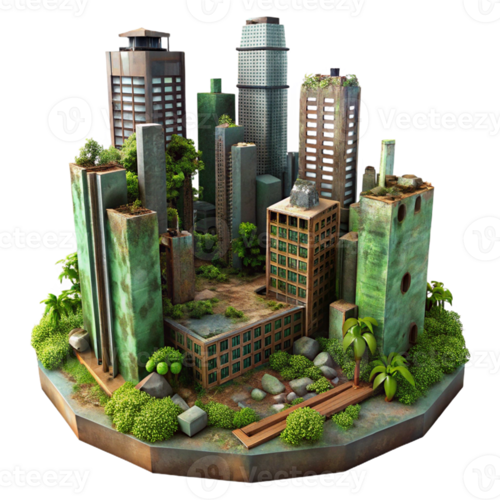 impressive traditional dramatic minimalist A post-apocalyptic cityscape, ruined skyscrapers, overgrown with vegetation, rusty metal, eerie green lighting, desolate, haunting, dystopian original... png