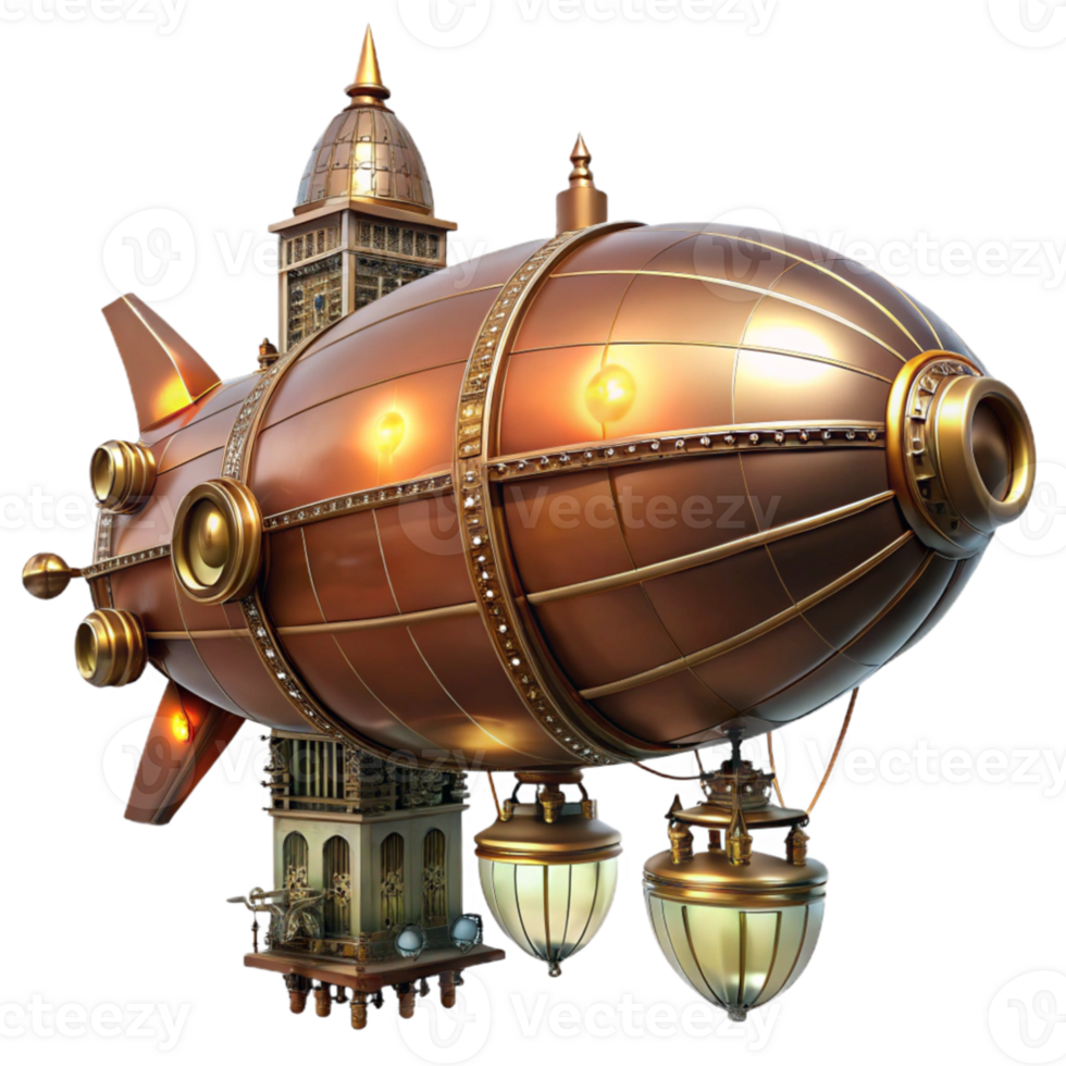vibrant vintage dramatic contemporary A majestic steampunk airship, copper and brass, intricate clockwork gears exposed, illuminated by warm, flickering gaslight, floating above a bustling... png