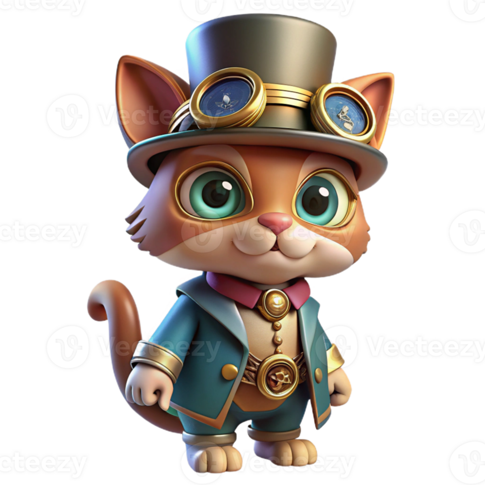 magnificent contemporary serene traditional A full-body view of a steampunk cat, wearing a tiny top hat and monocle, adorned with intricate clockwork mechanisms, vibrant, colorful steampunk art... png