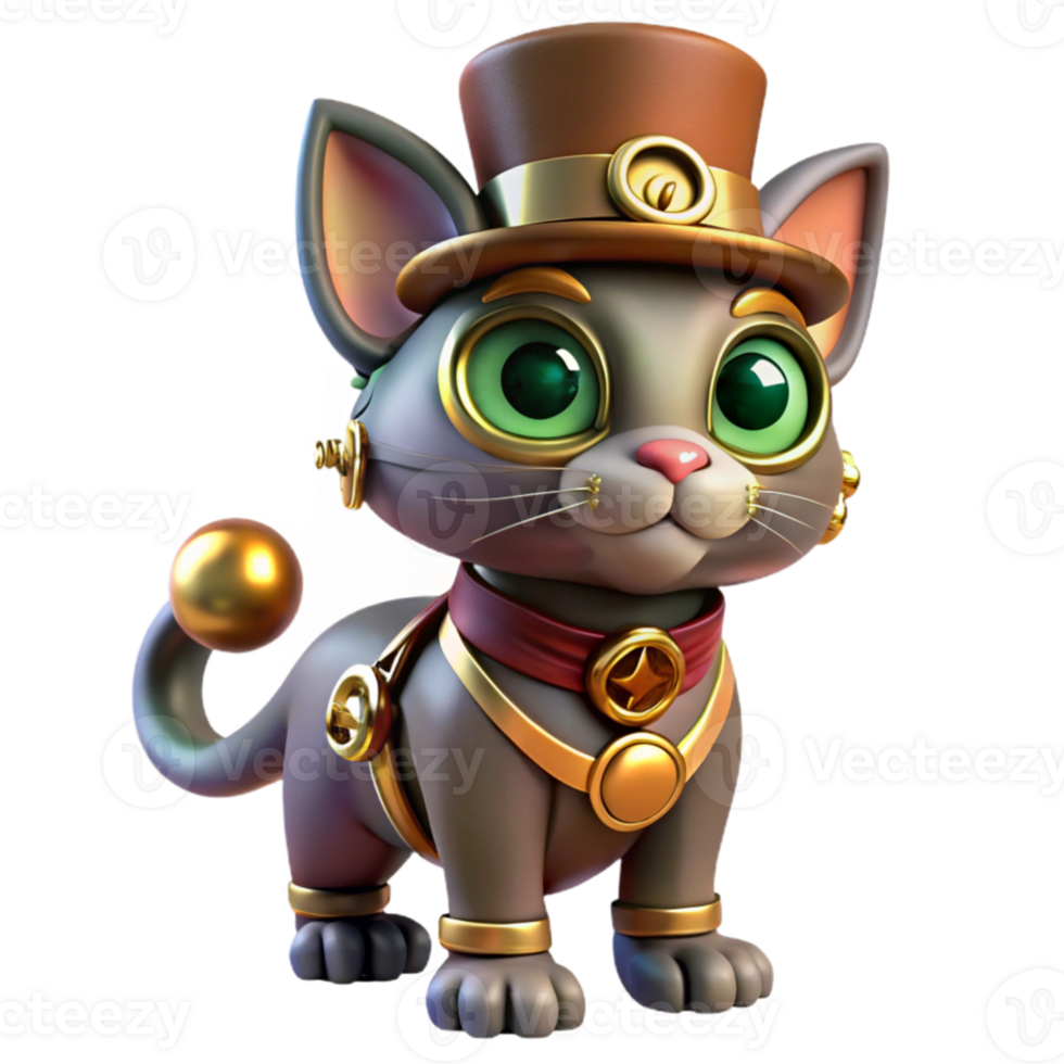 stunning abstract dramatic artistic A full-body view of a steampunk cat, wearing a tiny top hat and monocle, adorned with intricate clockwork mechanisms, vibrant, colorful steampunk art style high... png