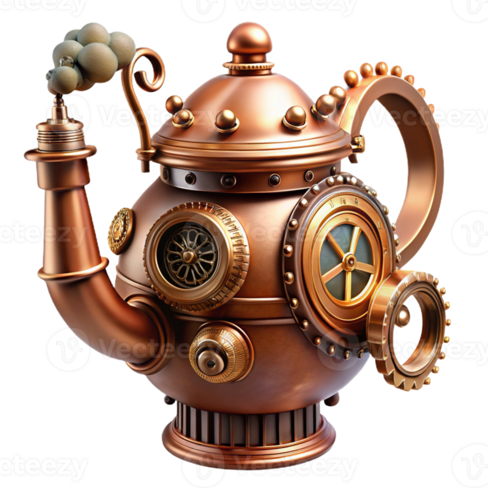 elegant modern serene classic A whimsical steampunk teapot, ornate brass and copper, with gears, pipes, and gauges, emitting steam, dynamic, energetic composition high resolution high resolution png