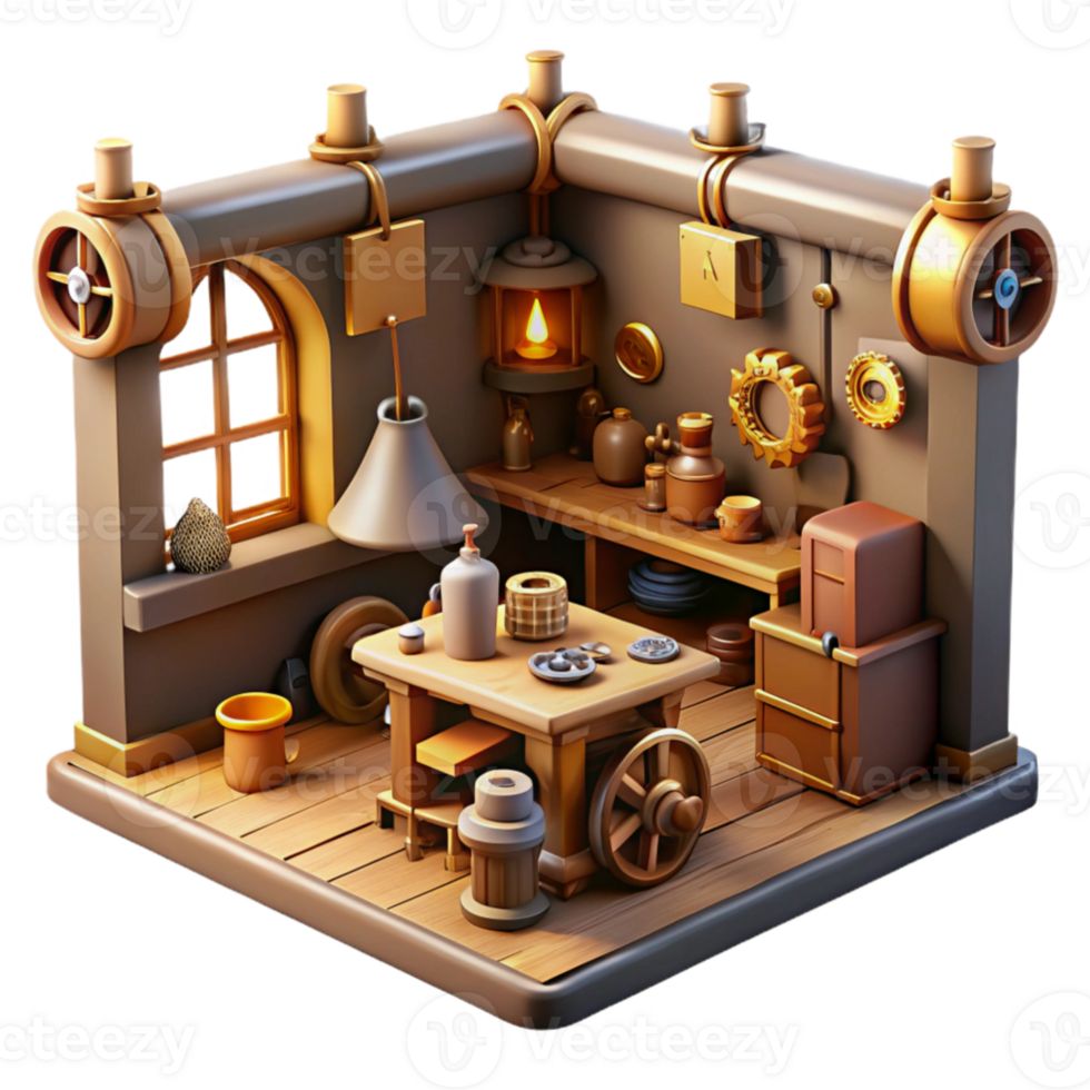 stunning contemporary wonderful classic A scene depicting a steampunk workshop, filled with tools, gears, and inventions, cluttered yet organized, warm, inviting lighting detailed authentic png