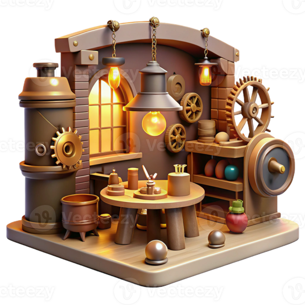 wonderful contemporary elegant rustic A scene depicting a steampunk workshop, filled with tools, gears, and inventions, cluttered yet organized, warm, inviting lighting high resolution original png