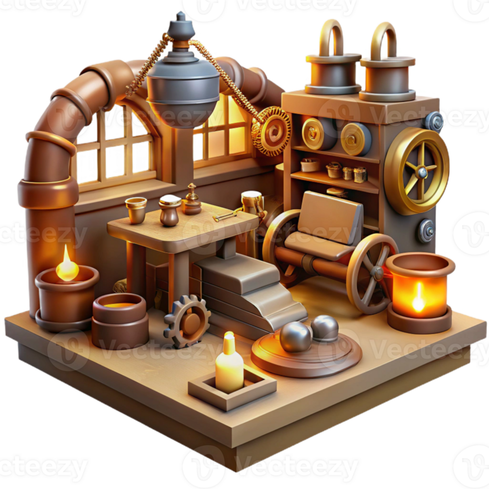dramatic classic wonderful abstract A scene depicting a steampunk workshop, filled with tools, gears, and inventions, cluttered yet organized, warm, inviting lighting detailed high quality png