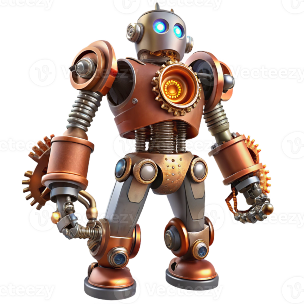 serene abstract beautiful traditional A full-body view of a steampunk robot, intricate gears and pistons, glowing vacuum tubes, dynamic, action-oriented pose original professional png