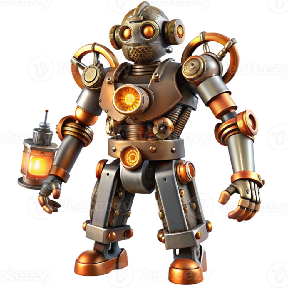 vibrant artistic dramatic classic A full-body view of a steampunk robot, intricate gears and pistons, glowing vacuum tubes, dynamic, action-oriented pose detailed professional png