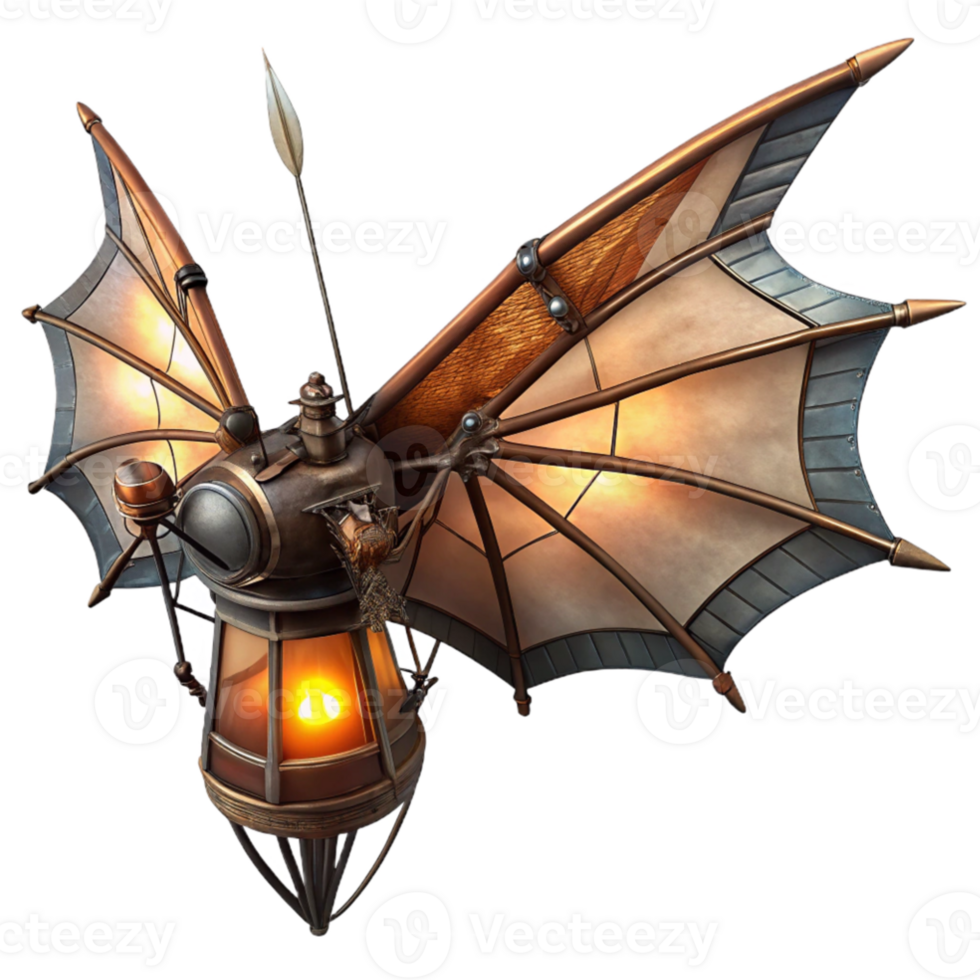 impressive traditional vibrant contemporary A lone steampunk ornithopter, crafted from dark, oiled metal and stained glass, wings mid-flap, against a backdrop of swirling emerald green smoke, lit... png