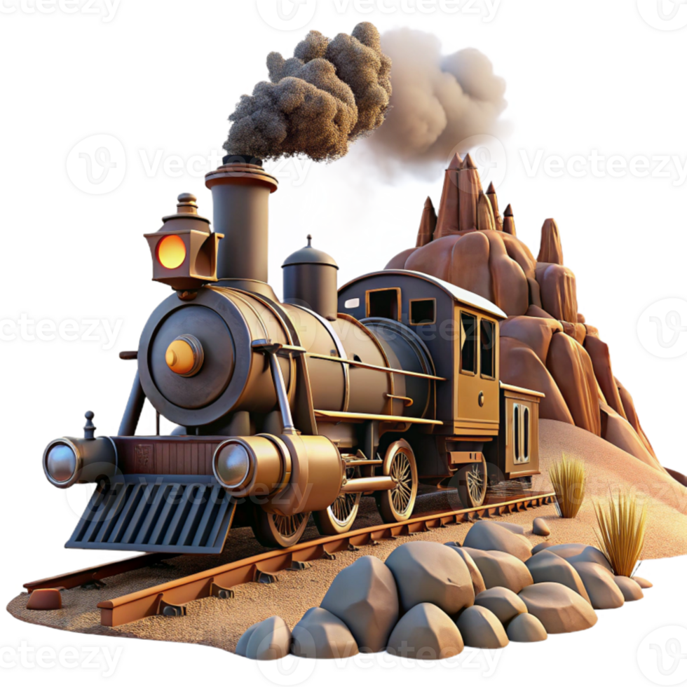 dramatic minimalist beautiful classic A scene depicting a steampunk train speeding through a desert landscape, billowing steam and smoke, dramatic, cinematic lighting high resolution professional png