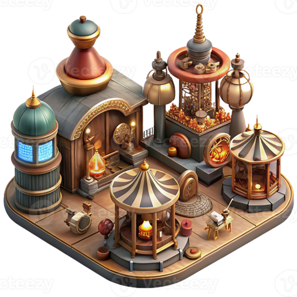 dramatic rustic dramatic creative A bustling steampunk marketplace, filled with intricate clockwork contraptions and automatons, vendors in elaborate Victorian attire, illuminated by flickering... png