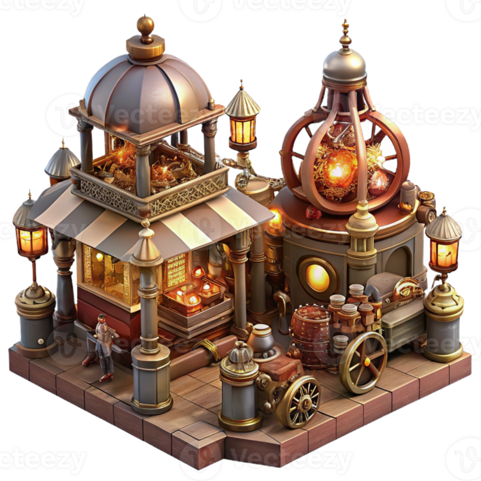 stunning contemporary elegant minimalist A bustling steampunk marketplace, filled with intricate clockwork contraptions and automatons, vendors in elaborate Victorian attire, illuminated by... png
