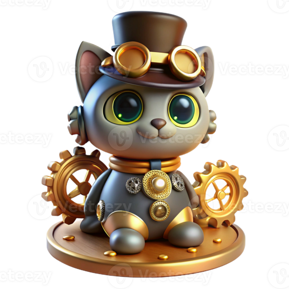 impressive modern beautiful classic A steampunk cat wearing a tiny top hat and monocle, sitting atop a pile of gears and cogs, illuminated by a warm, ambient light.... png