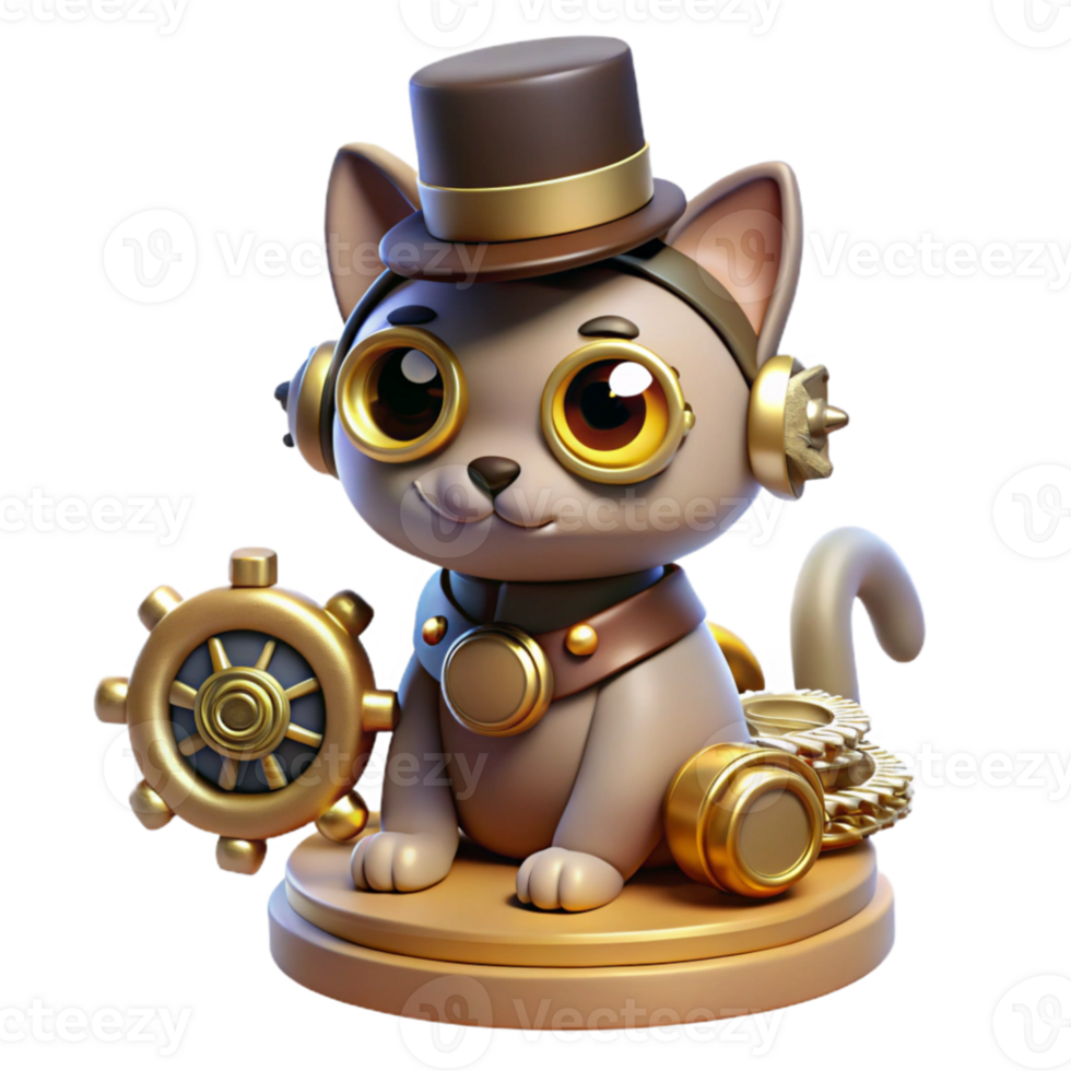 stunning traditional vibrant creative A steampunk cat wearing a tiny top hat and monocle, sitting atop a pile of gears and cogs, illuminated by a warm, ambient light.... png
